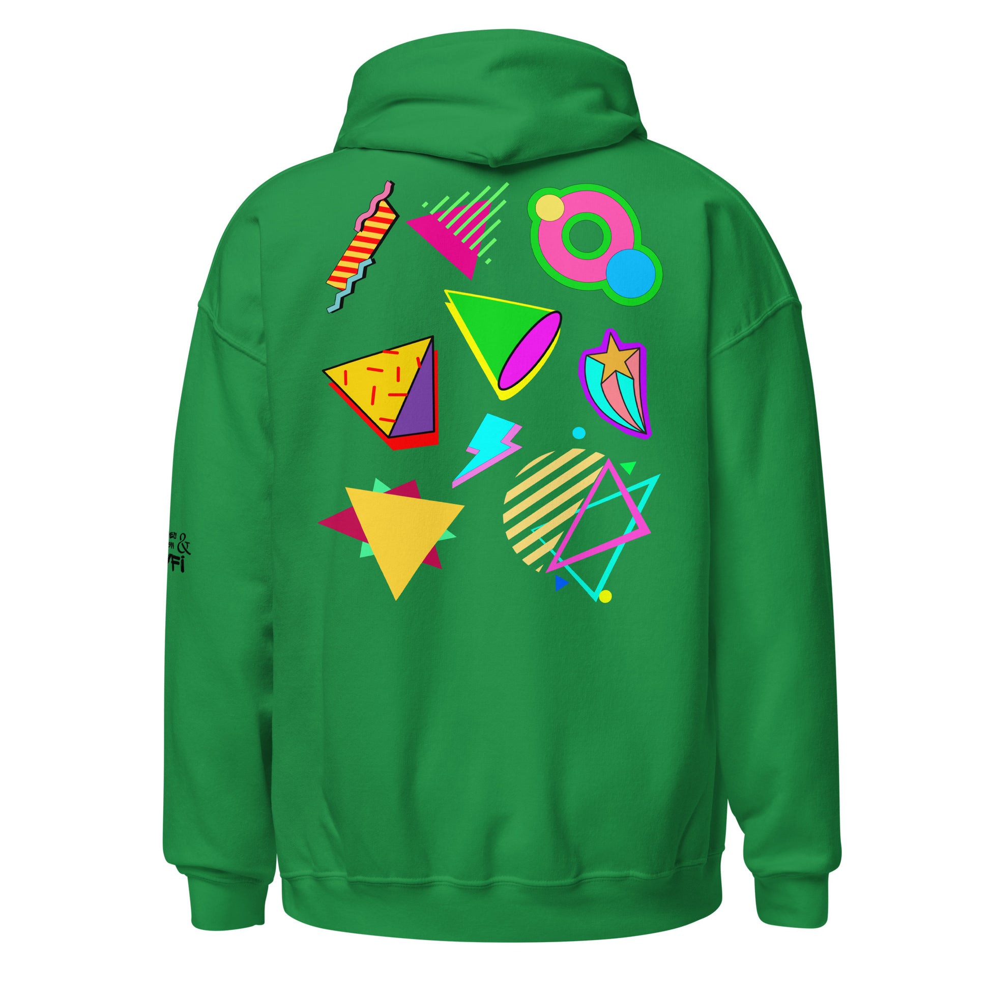 Unisex Neon Retro Pop Hoodie with 80s Memphis Graphic Design by Hipyfi. irish-green-back
