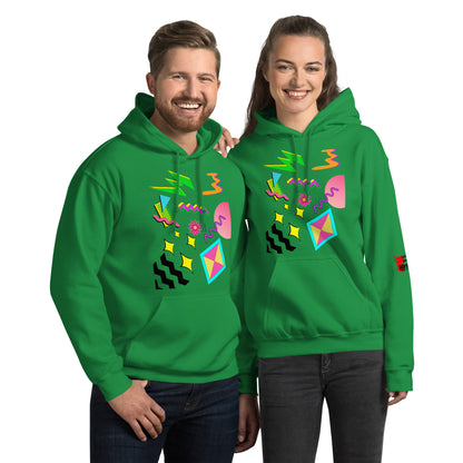 Unisex Neon Retro Pop Hoodie with 80s Memphis Graphic Design by Hipyfi. irish-green-front