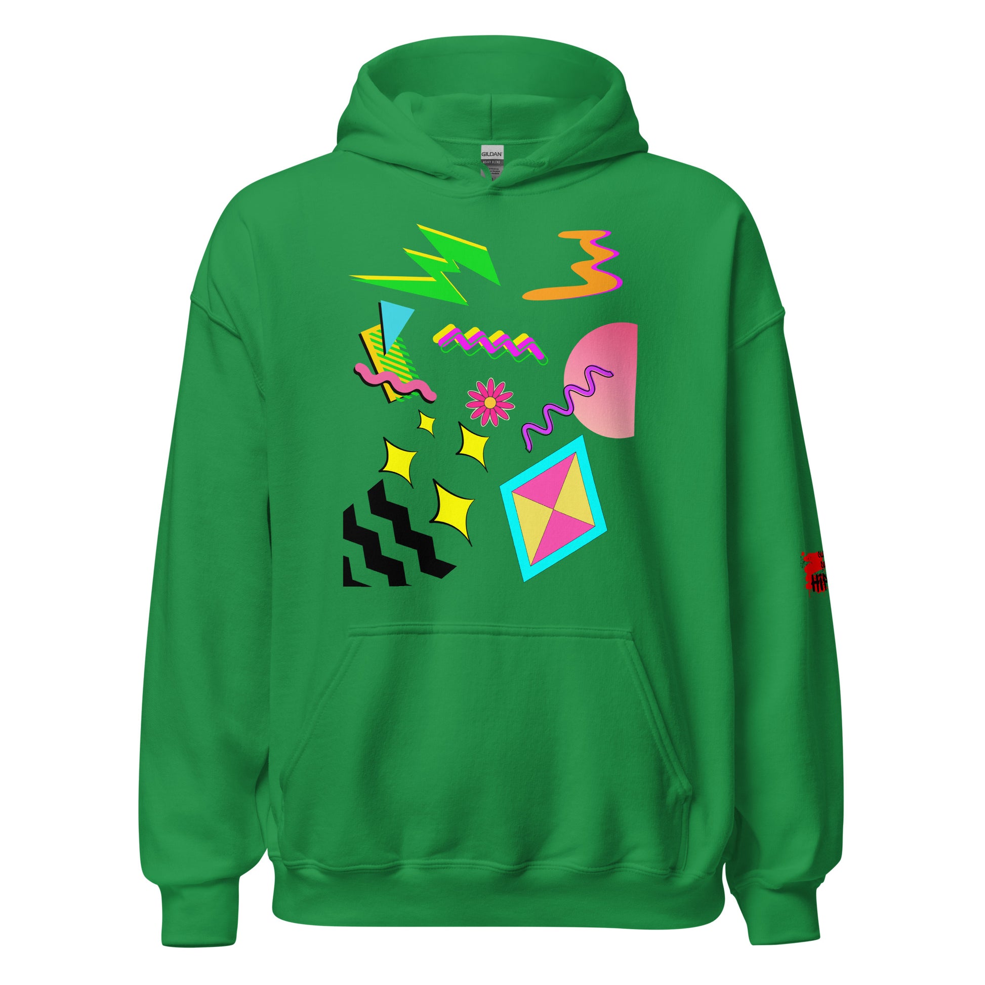 Unisex Neon Retro Pop Hoodie with 80s Memphis Graphic Design by Hipyfi. irish-green-front-2