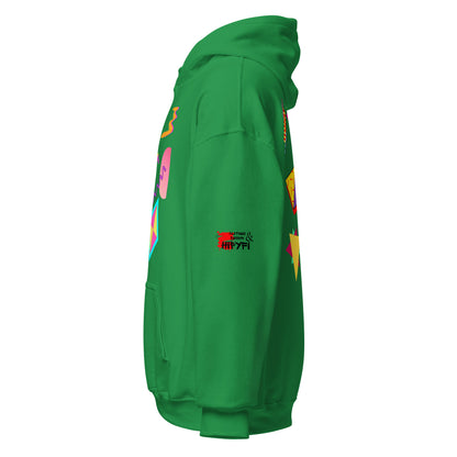 Unisex Neon Retro Pop Hoodie with 80s Memphis Graphic Design by Hipyfi. irish-green-left