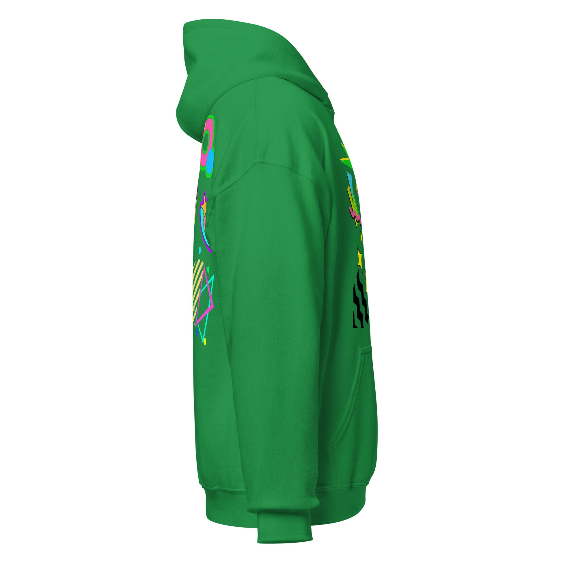 Unisex Neon Retro Pop Hoodie with 80s Memphis Graphic Design by Hipyfi. irish-green-right