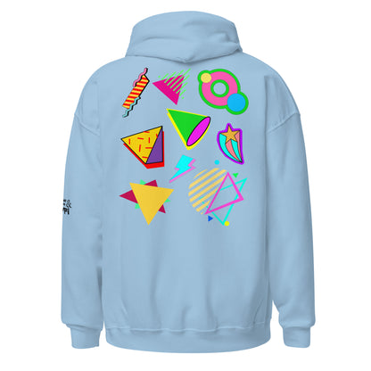 Unisex Neon Retro Pop Hoodie with 80s Memphis Graphic Design by Hipyfi. light-blue-back