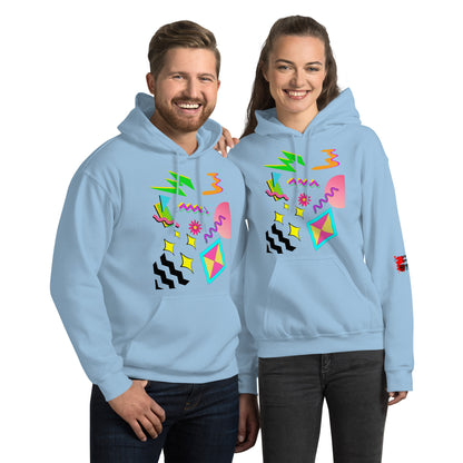 Unisex Neon Retro Pop Hoodie with 80s Memphis Graphic Design by Hipyfi. light-blue-front
