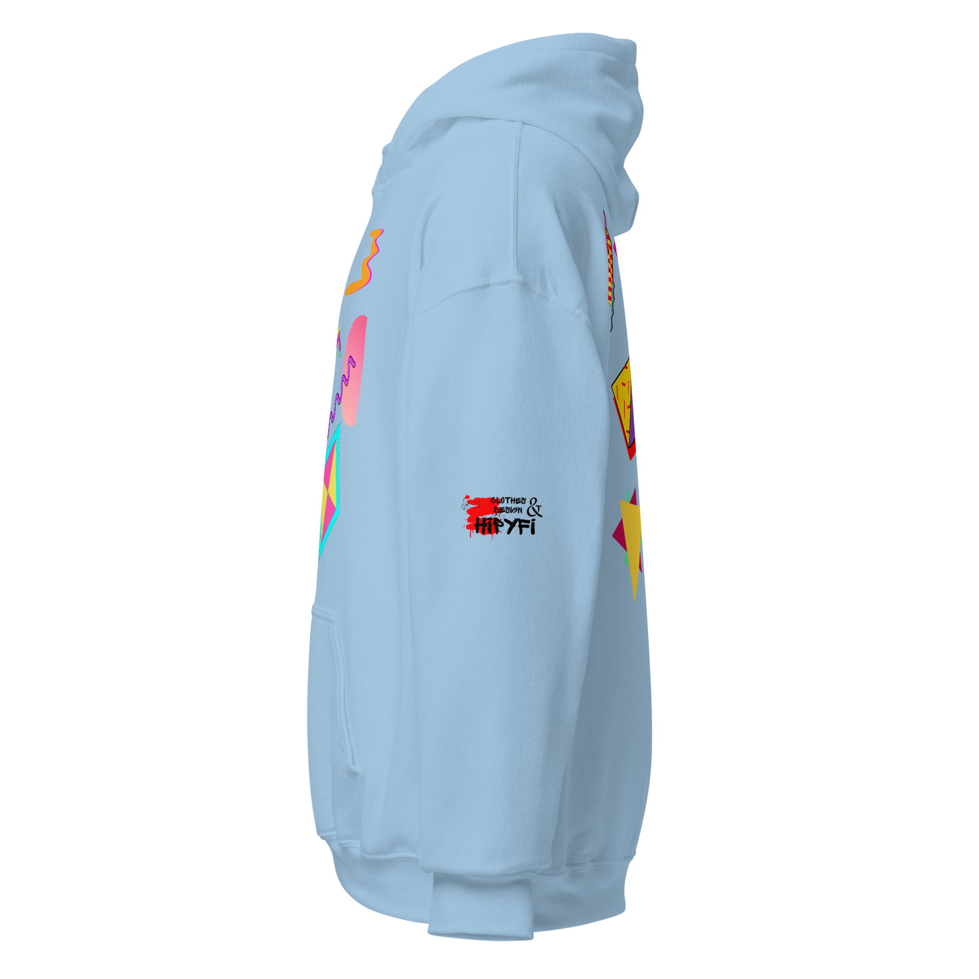 Unisex Neon Retro Pop Hoodie with 80s Memphis Graphic Design by Hipyfi. light-blue-left