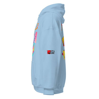 Unisex Neon Retro Pop Hoodie with 80s Memphis Graphic Design by Hipyfi. light-blue-left