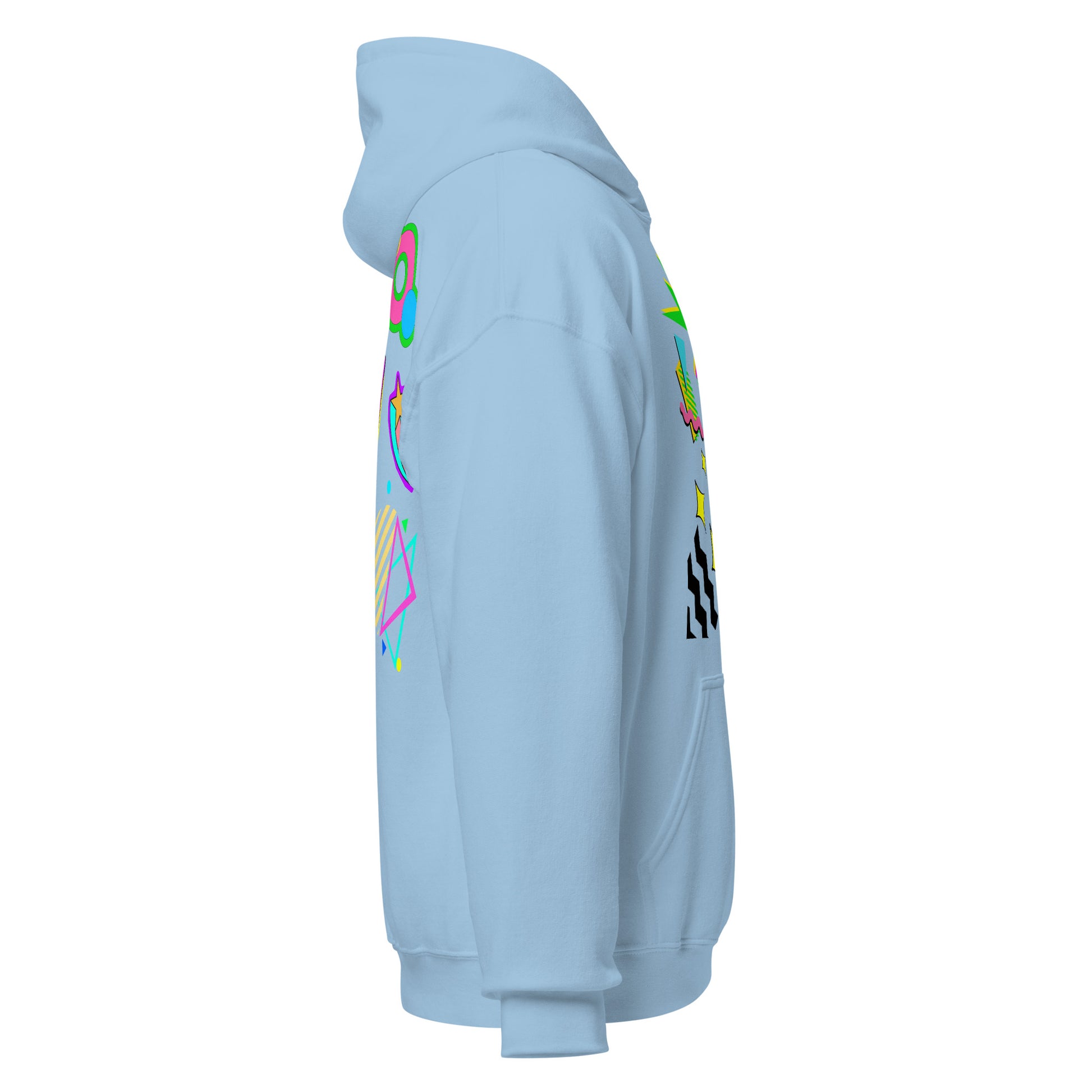 Unisex Neon Retro Pop Hoodie with 80s Memphis Graphic Design by Hipyfi. light-blue-right