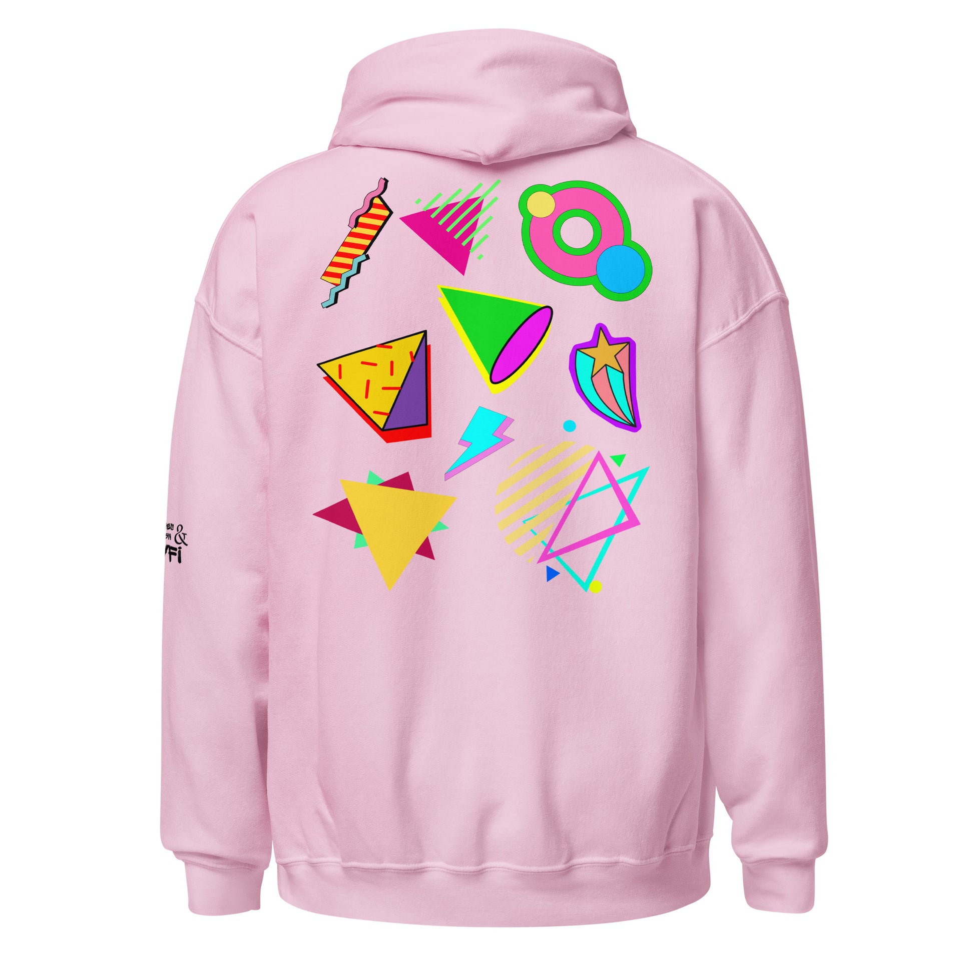 Unisex Neon Retro Pop Hoodie with 80s Memphis Graphic Design by Hipyfi. light-pink-back