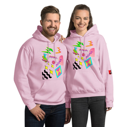 Unisex Neon Retro Pop Hoodie with 80s Memphis Graphic Design by Hipyfi. light-pink-front