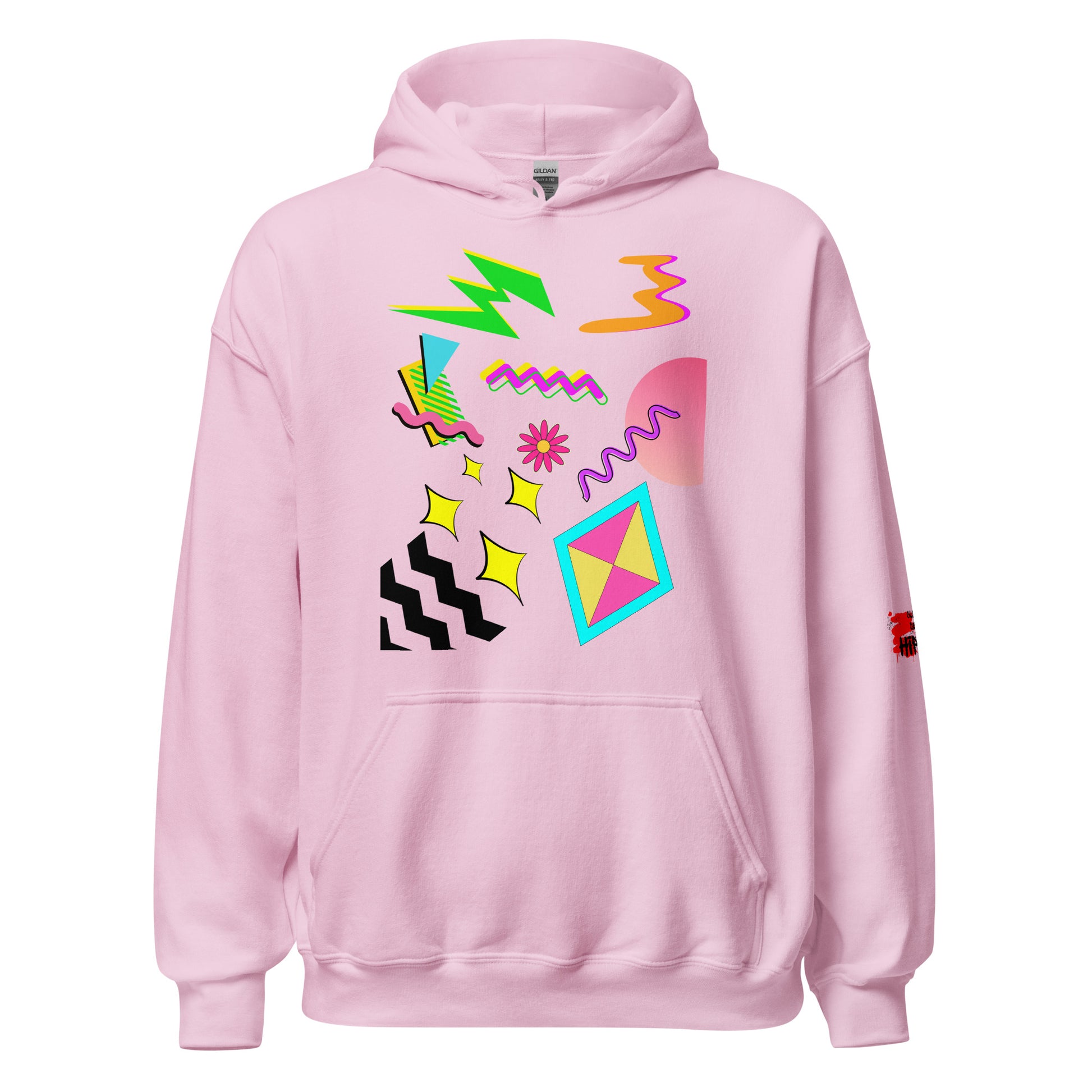 Unisex Neon Retro Pop Hoodie with 80s Memphis Graphic Design by Hipyfi. light-pink-front-2