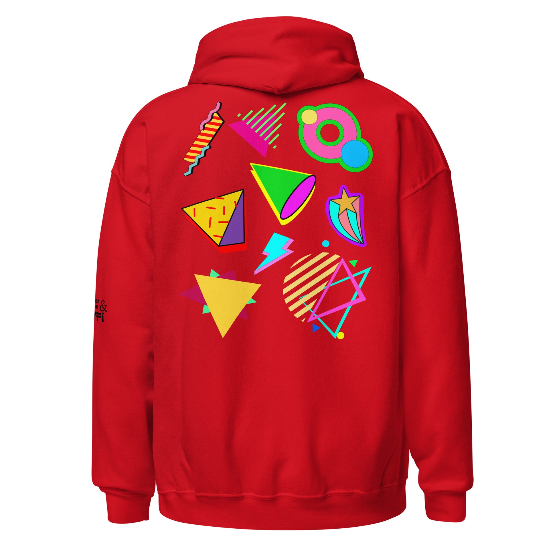 Unisex Neon Retro Pop Hoodie with 80s Memphis Graphic Design by Hipyfi. red-back