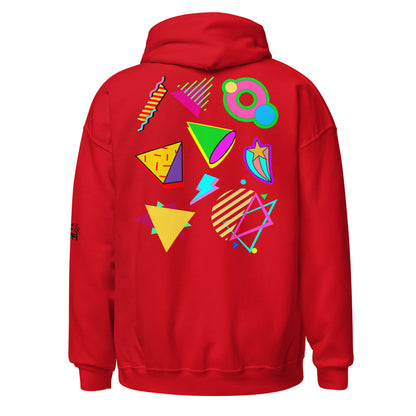 Unisex Neon Retro Pop Hoodie with 80s Memphis Graphic Design by Hipyfi. red-back