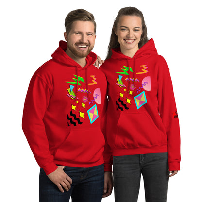 Unisex Neon Retro Pop Hoodie with 80s Memphis Graphic Design by Hipyfi. red-front