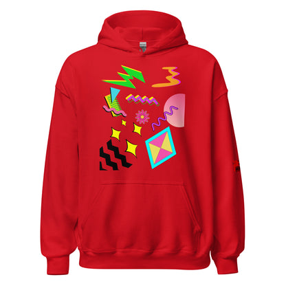 Unisex Neon Retro Pop Hoodie with 80s Memphis Graphic Design by Hipyfi. red-front-2