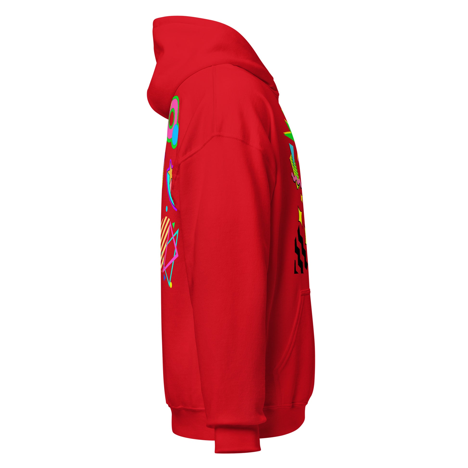 Unisex Neon Retro Pop Hoodie with 80s Memphis Graphic Design by Hipyfi. red-right
