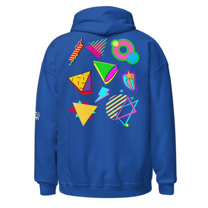 Unisex Neon Retro Pop Hoodie with 80s Memphis Graphic Design by Hipyfi. royal-back