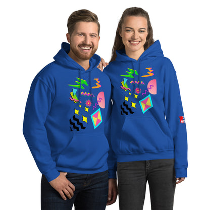 Unisex Neon Retro Pop Hoodie with 80s Memphis Graphic Design by Hipyfi. royal-front