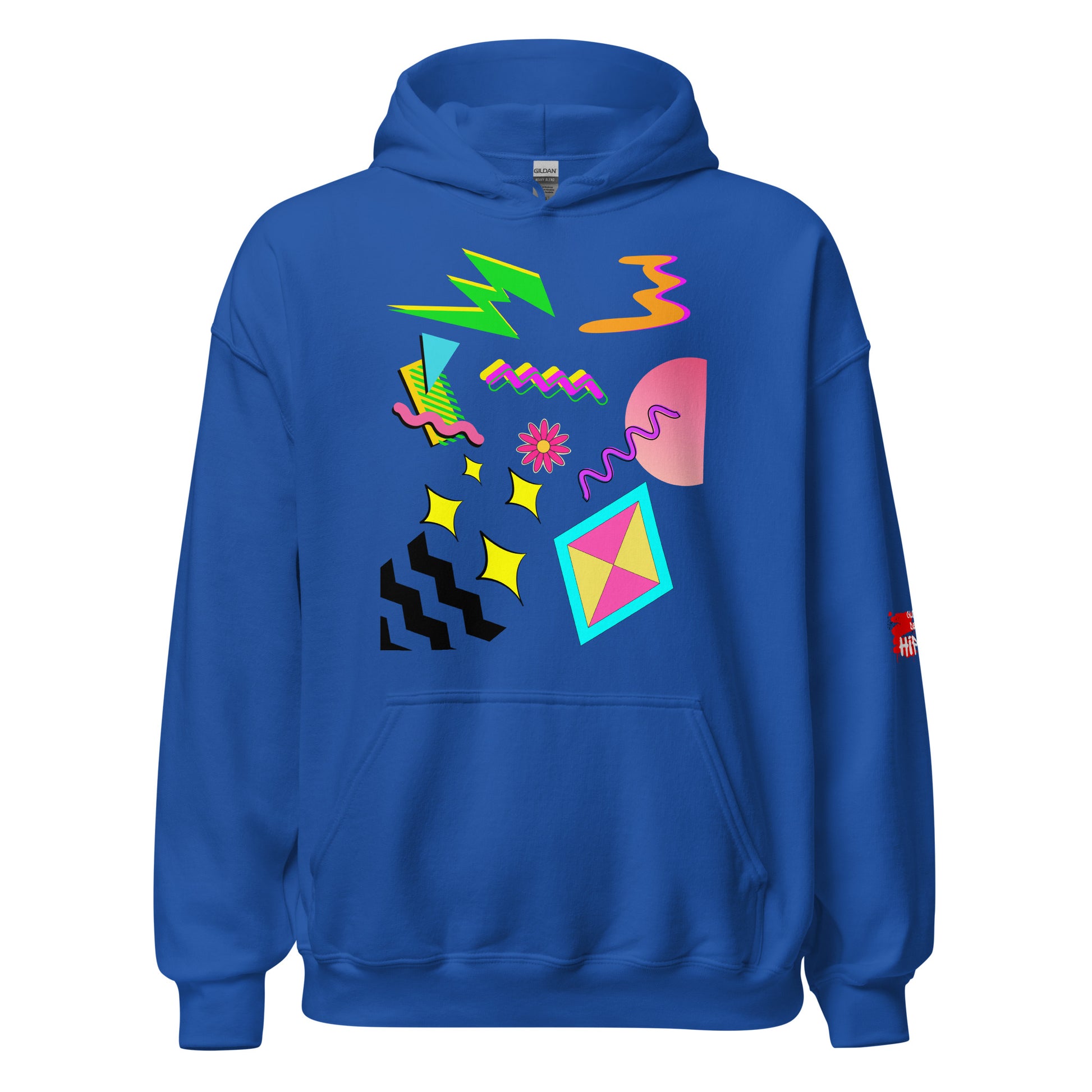 Unisex Neon Retro Pop Hoodie with 80s Memphis Graphic Design by Hipyfi. royal-front-2