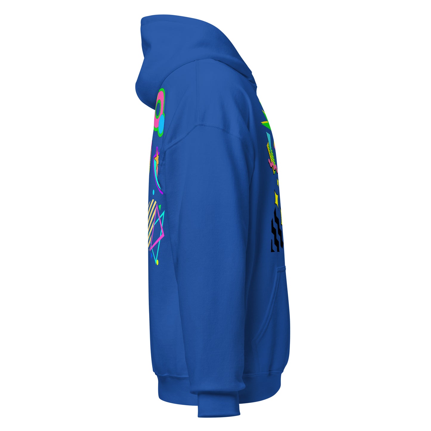 Unisex Neon Retro Pop Hoodie with 80s Memphis Graphic Design by Hipyfi. royal-right