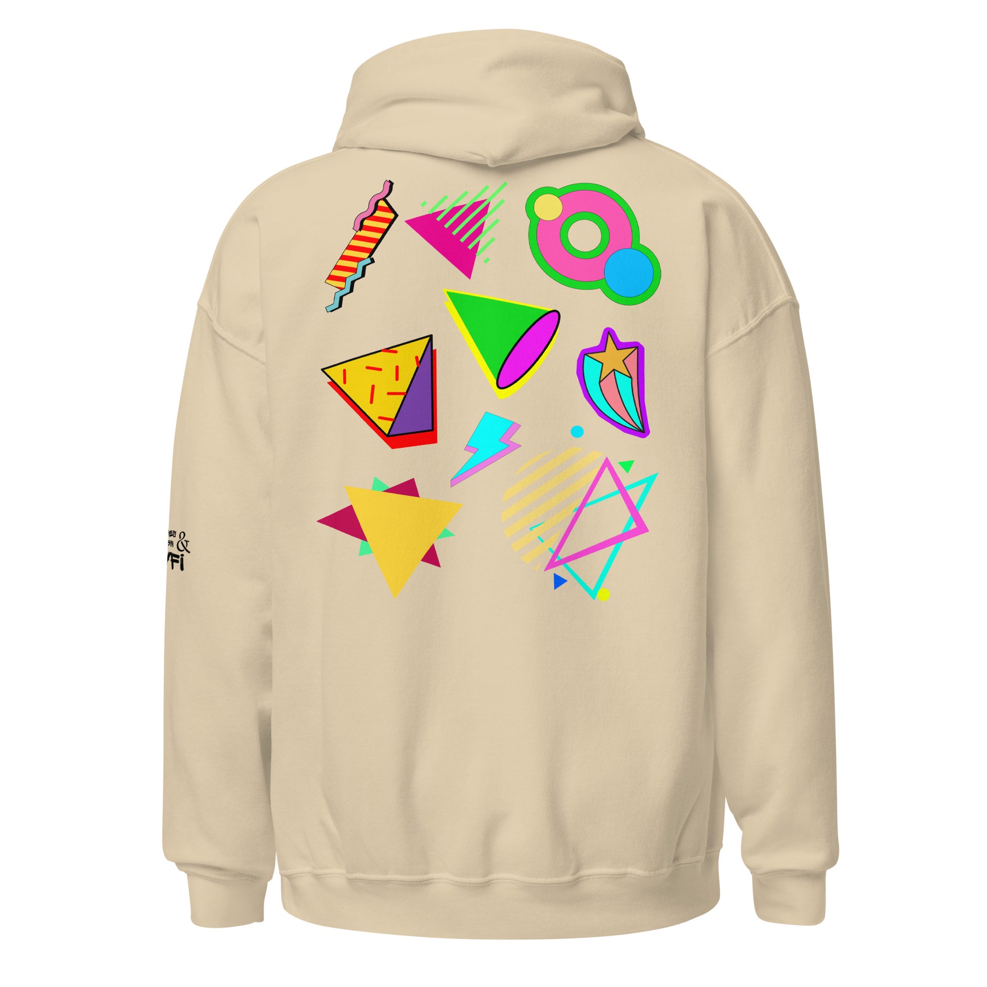 Unisex Neon Retro Pop Hoodie with 80s Memphis Graphic Design by Hipyfi. sand-back