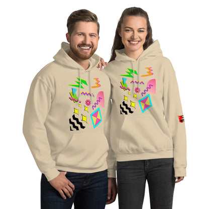 Unisex Neon Retro Pop Hoodie with 80s Memphis Graphic Design by Hipyfi. sand-front