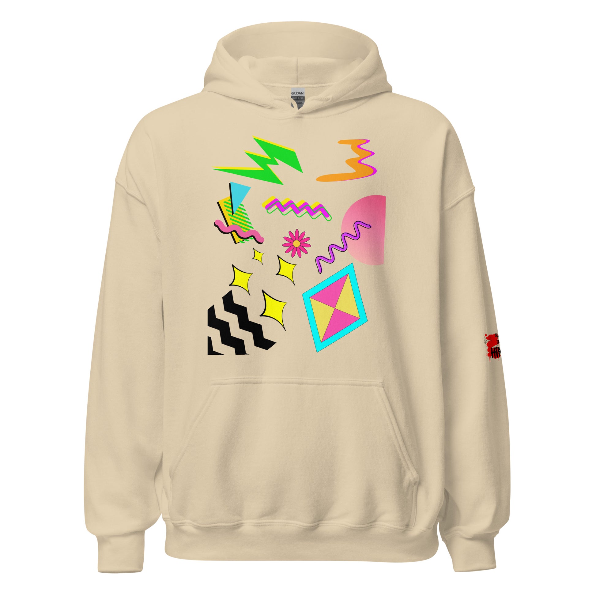 Unisex Neon Retro Pop Hoodie with 80s Memphis Graphic Design by Hipyfi. sand-front-2