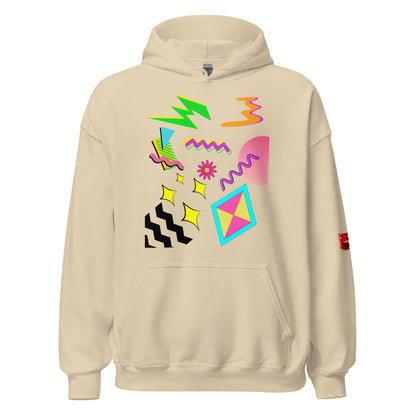 Unisex Neon Retro Pop Hoodie with 80s Memphis Graphic Design by Hipyfi. sand-front-2