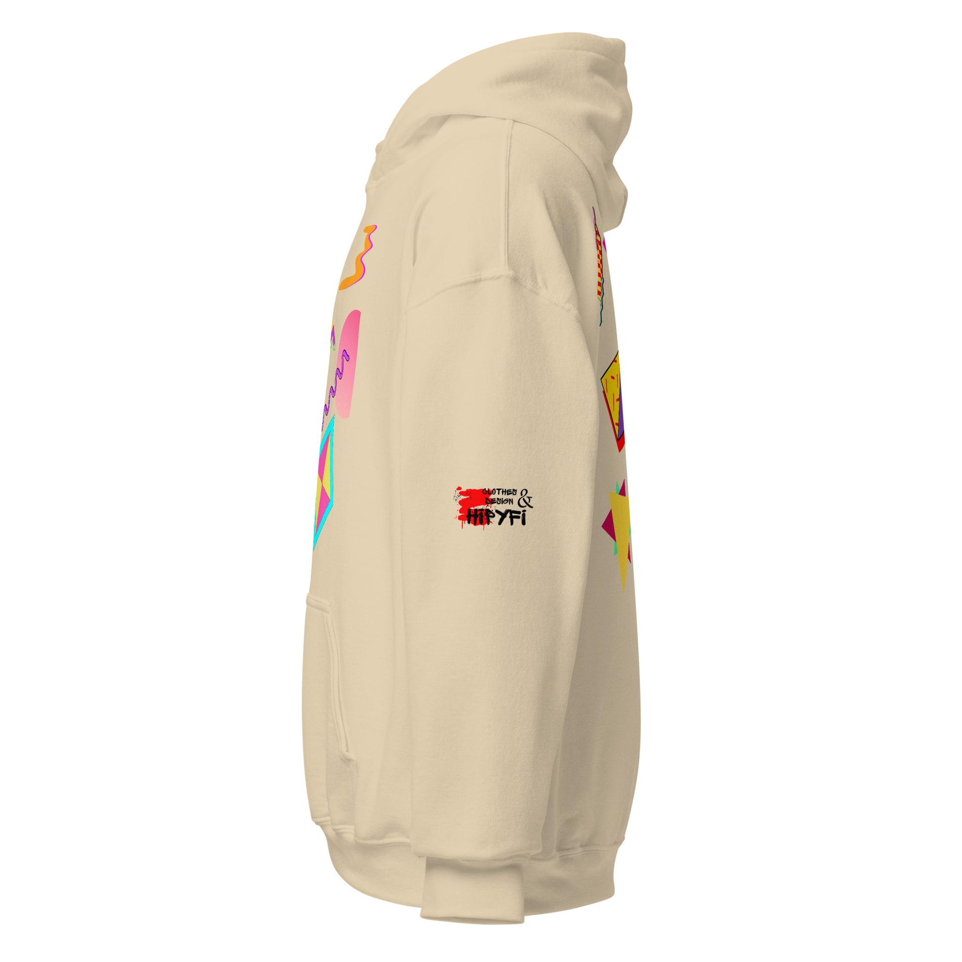 Unisex Neon Retro Pop Hoodie with 80s Memphis Graphic Design by Hipyfi. sand-left