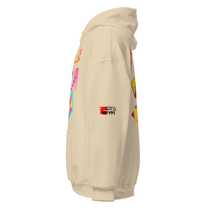 Unisex Neon Retro Pop Hoodie with 80s Memphis Graphic Design by Hipyfi. sand-left