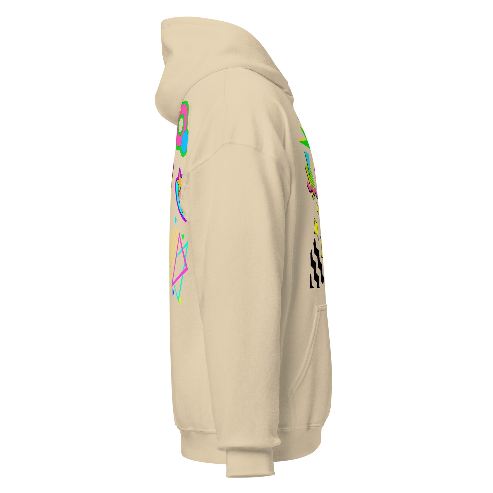 Unisex Neon Retro Pop Hoodie with 80s Memphis Graphic Design by Hipyfi. sand-right