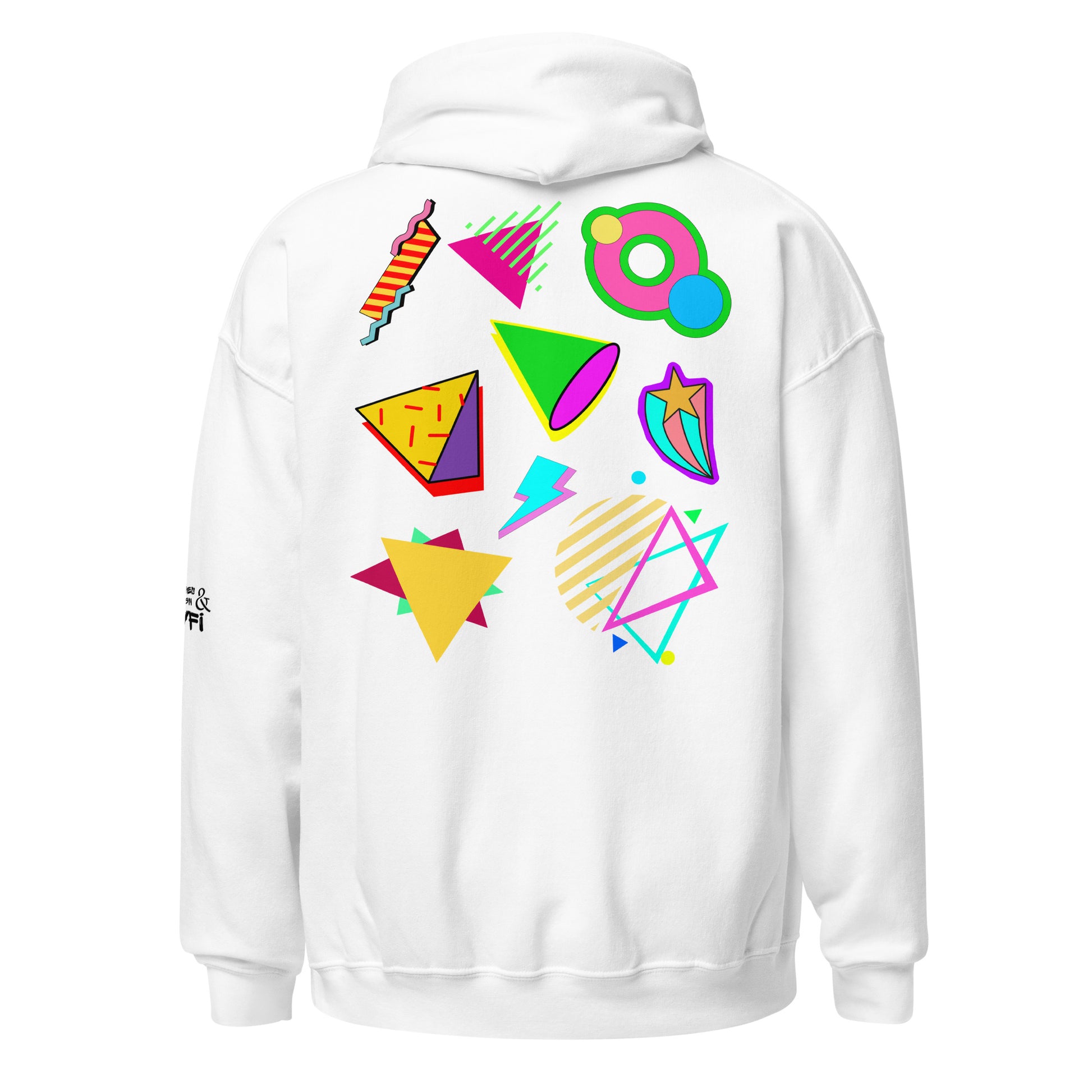 Unisex Neon Retro Pop Hoodie with 80s Memphis Graphic Design by Hipyfi. white-back