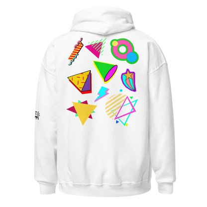 Unisex Neon Retro Pop Hoodie with 80s Memphis Graphic Design by Hipyfi. white-back