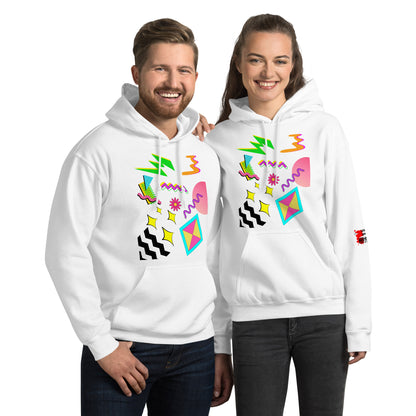 Unisex Neon Retro Pop Hoodie with 80s Memphis Graphic Design by Hipyfi. white-front-2