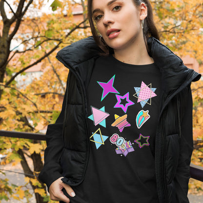 Unisex 80s graphic long sleeve t-shirt with Memphis design – retro pop art style by Hipyfi Clothes & Design. black-heather-front-4