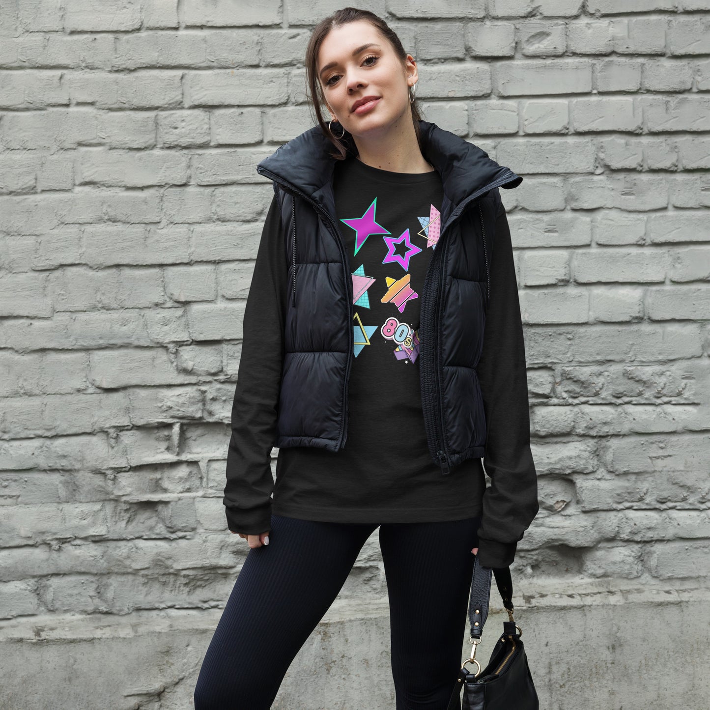 Unisex 80s graphic long sleeve t-shirt with Memphis design – retro pop art style by Hipyfi Clothes & Design. black-heather-front-3