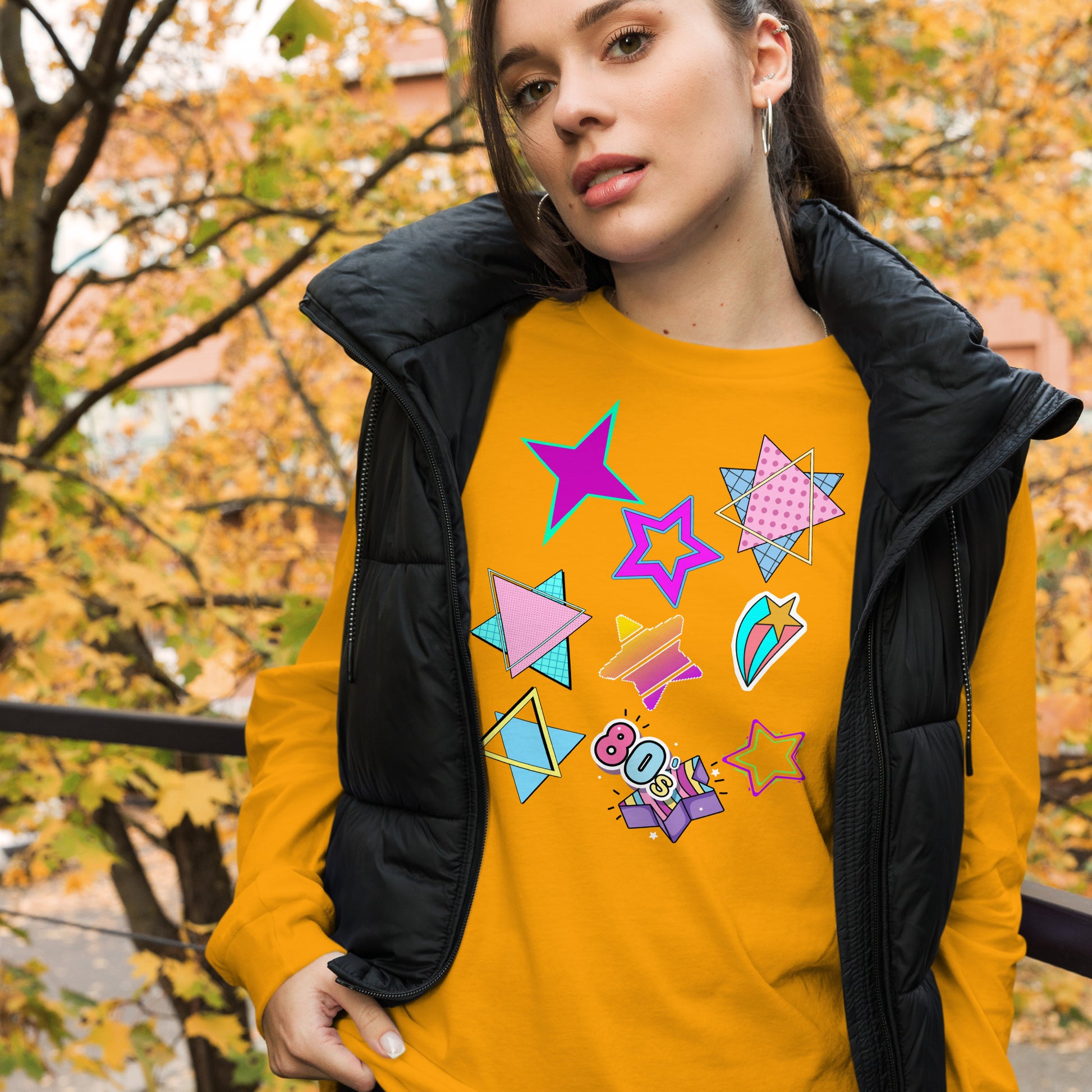 Unisex 80s graphic long sleeve t-shirt with Memphis design – retro pop art style by Hipyfi Clothes & Design. gold-front-4