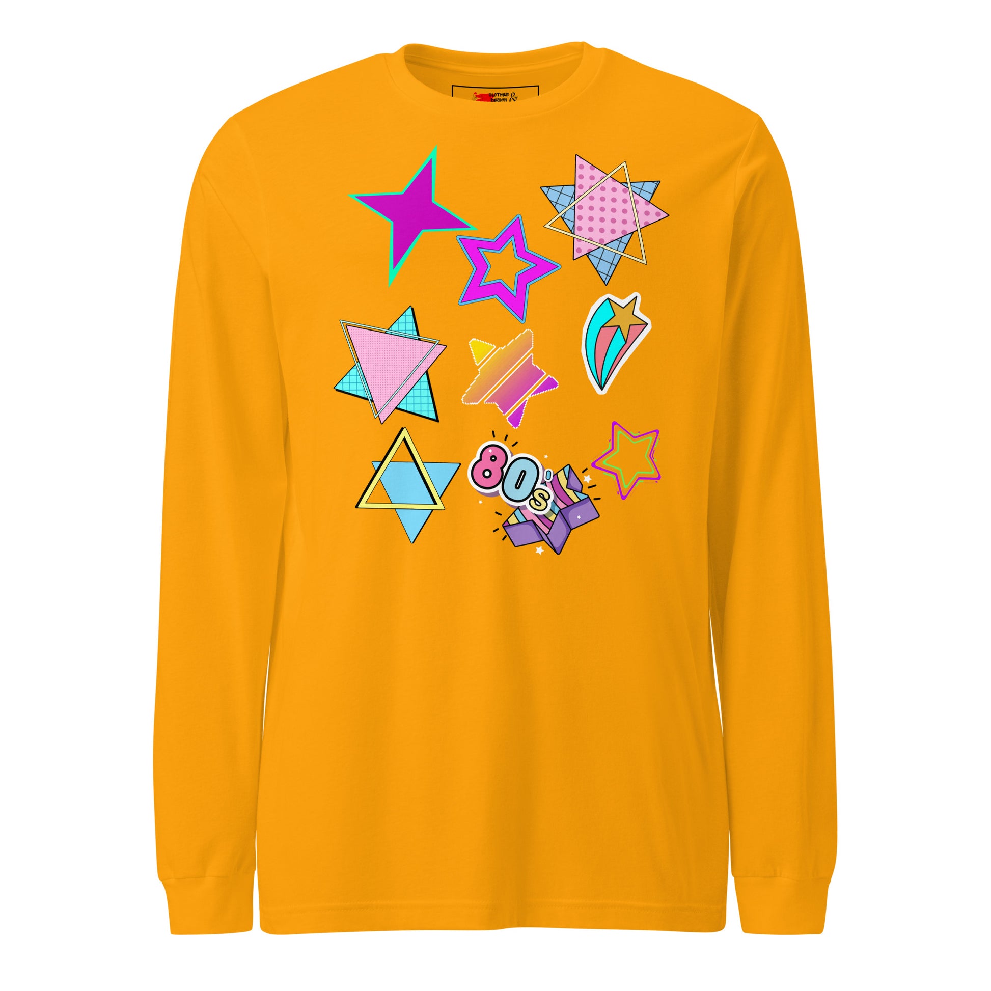 Unisex 80s graphic long sleeve t-shirt with Memphis design – retro pop art style by Hipyfi Clothes & Design. gold-front-5