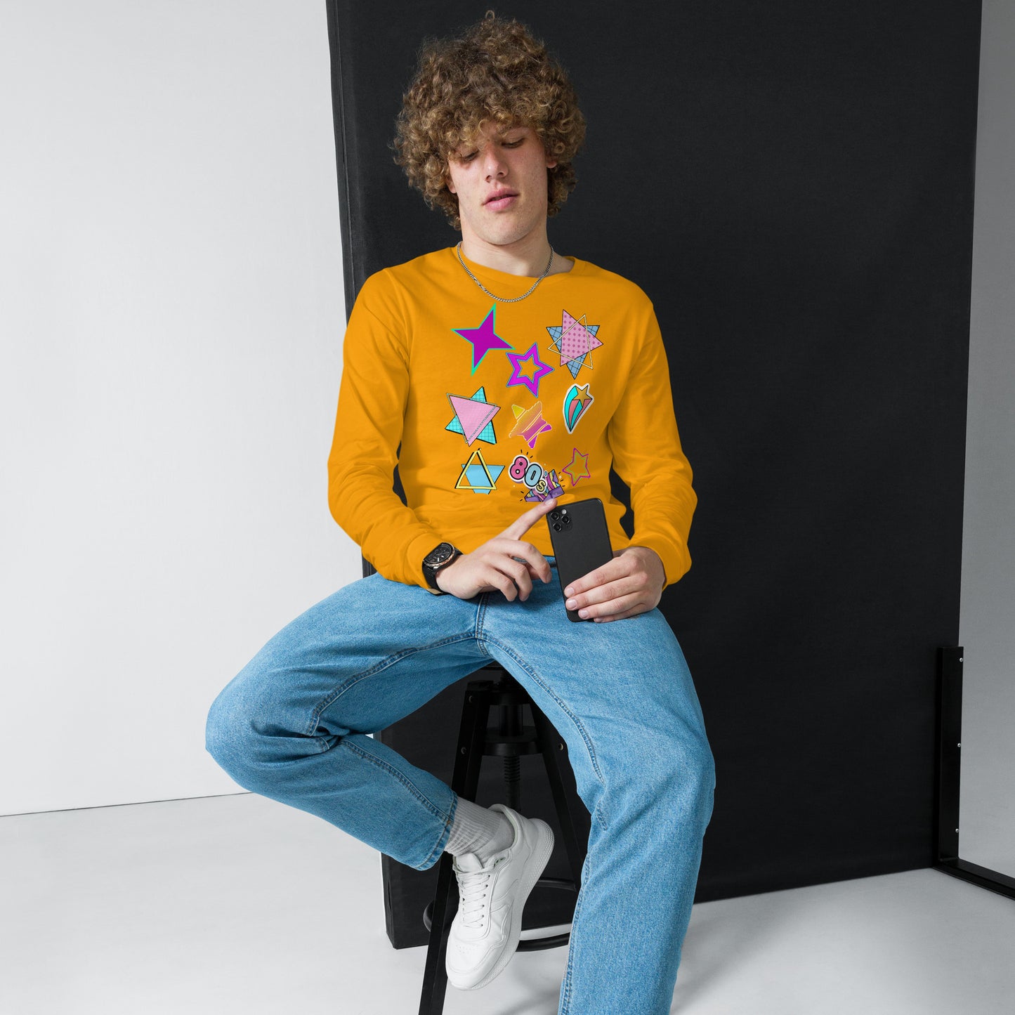 Unisex 80s graphic long sleeve t-shirt with Memphis design – retro pop art style by Hipyfi Clothes & Design. gold-front