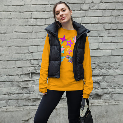 Unisex 80s graphic long sleeve t-shirt with Memphis design – retro pop art style by Hipyfi Clothes & Design. gold-front-3