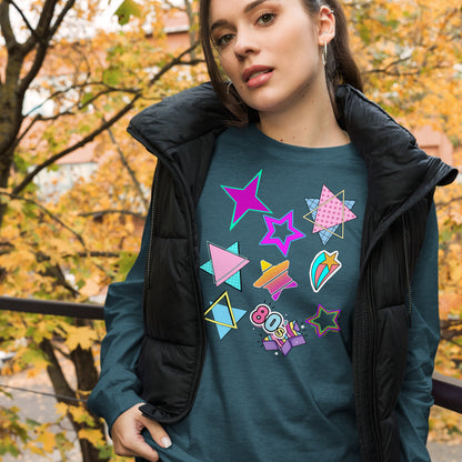 Unisex 80s graphic long sleeve t-shirt with Memphis design – retro pop art style by Hipyfi Clothes & Design. heather-deep-teal-front-4