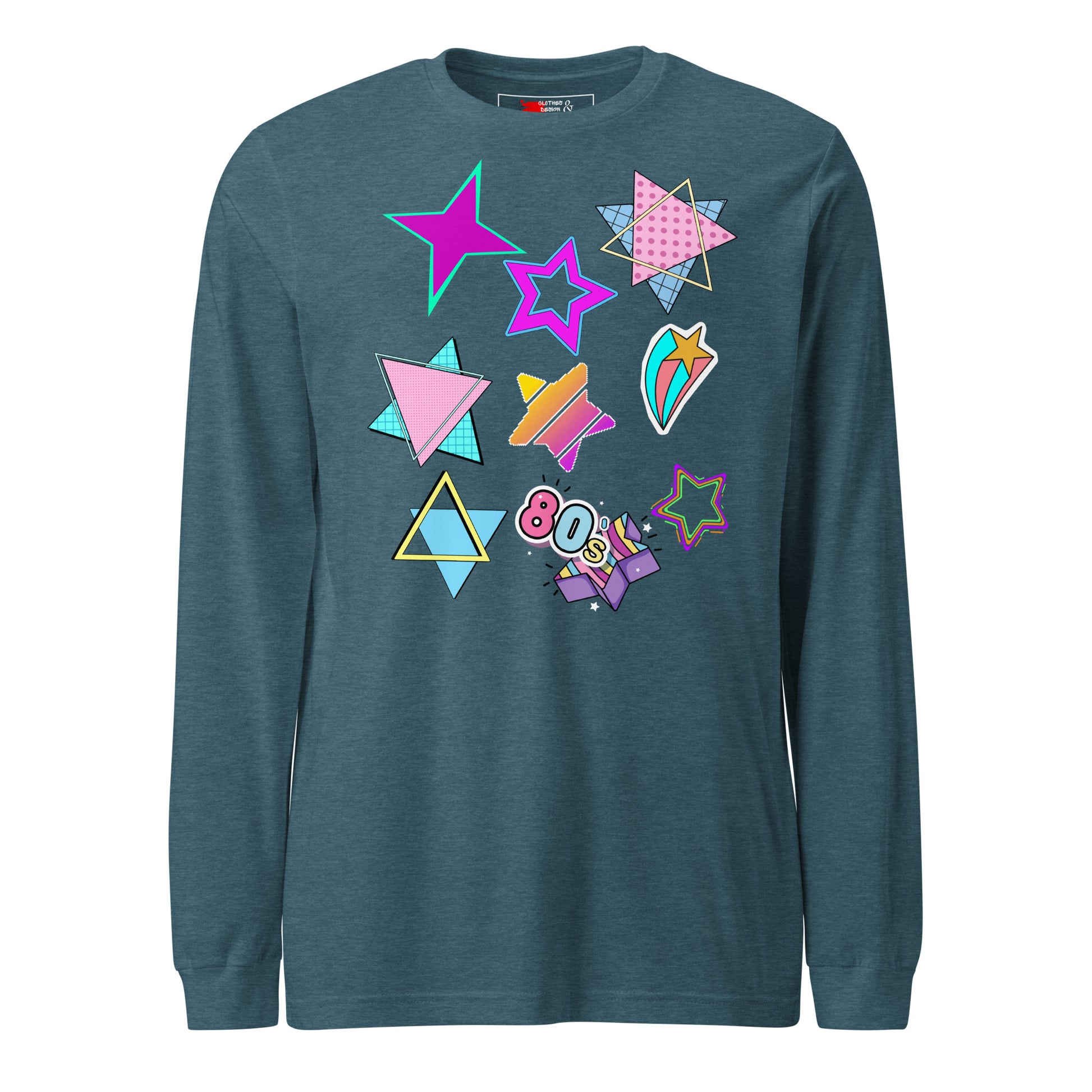 Unisex 80s graphic long sleeve t-shirt with Memphis design – retro pop art style by Hipyfi Clothes & Design. heather-deep-teal-front-5