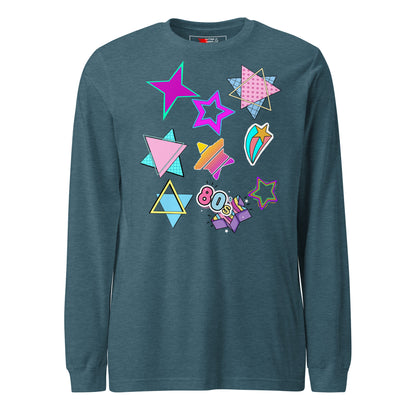 Unisex 80s graphic long sleeve t-shirt with Memphis design – retro pop art style by Hipyfi Clothes & Design. heather-deep-teal-front-5
