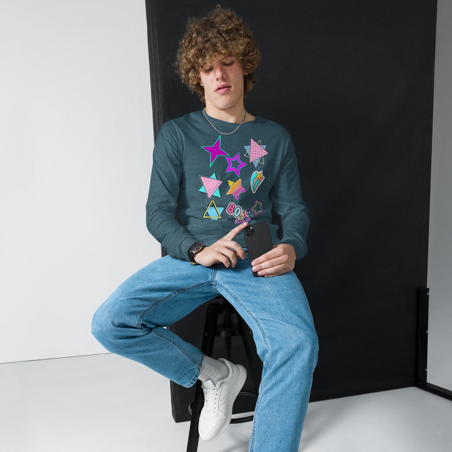 Unisex 80s graphic long sleeve t-shirt with Memphis design – retro pop art style by Hipyfi Clothes & Design. heather-deep-teal-front