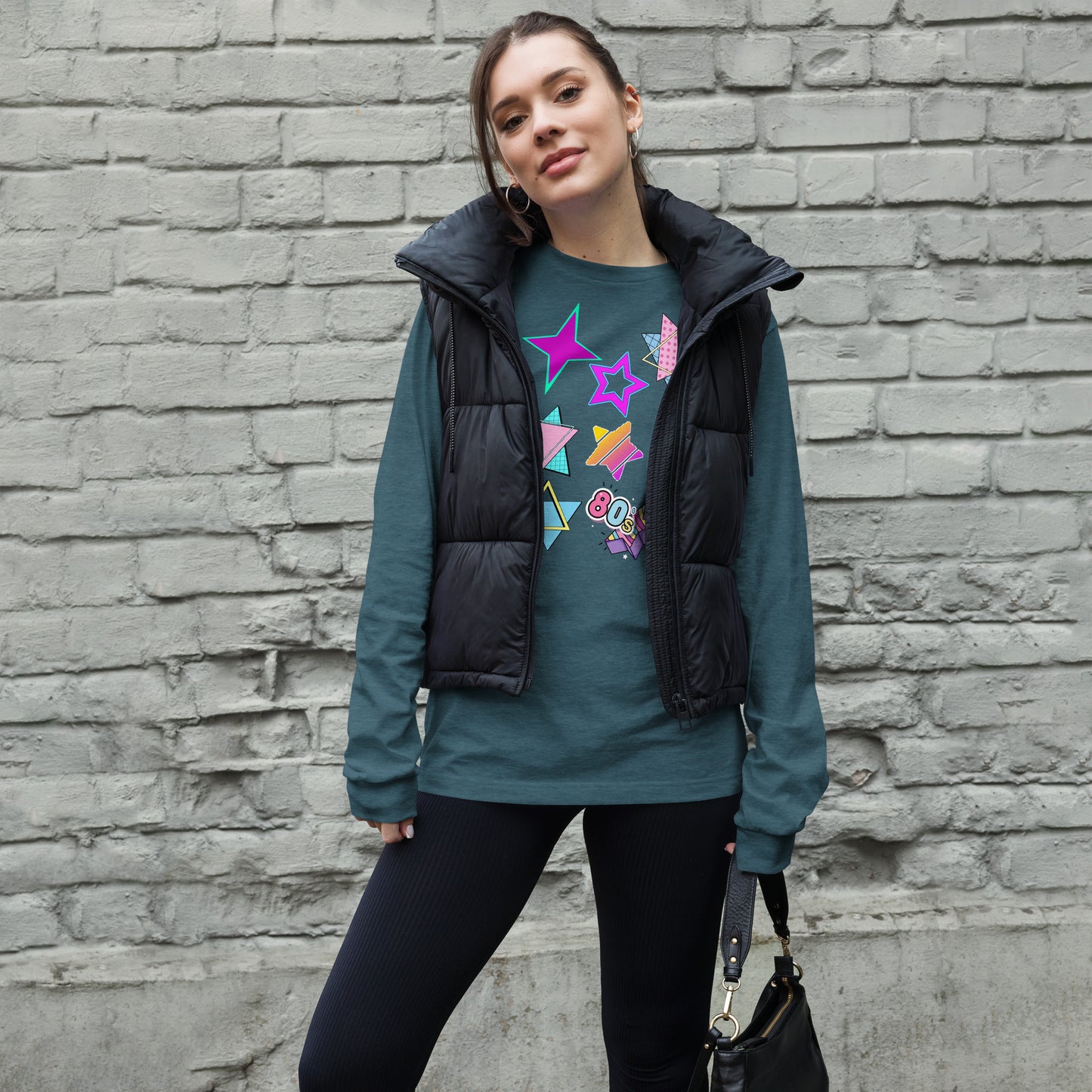 Unisex 80s graphic long sleeve t-shirt with Memphis design – retro pop art style by Hipyfi Clothes & Design. heather-deep-teal-front-3