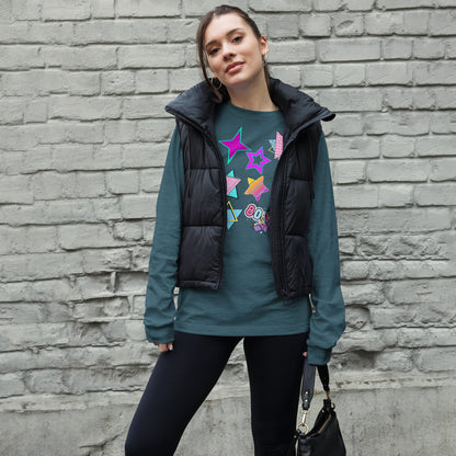 Unisex 80s graphic long sleeve t-shirt with Memphis design – retro pop art style by Hipyfi Clothes & Design. heather-deep-teal-front-3