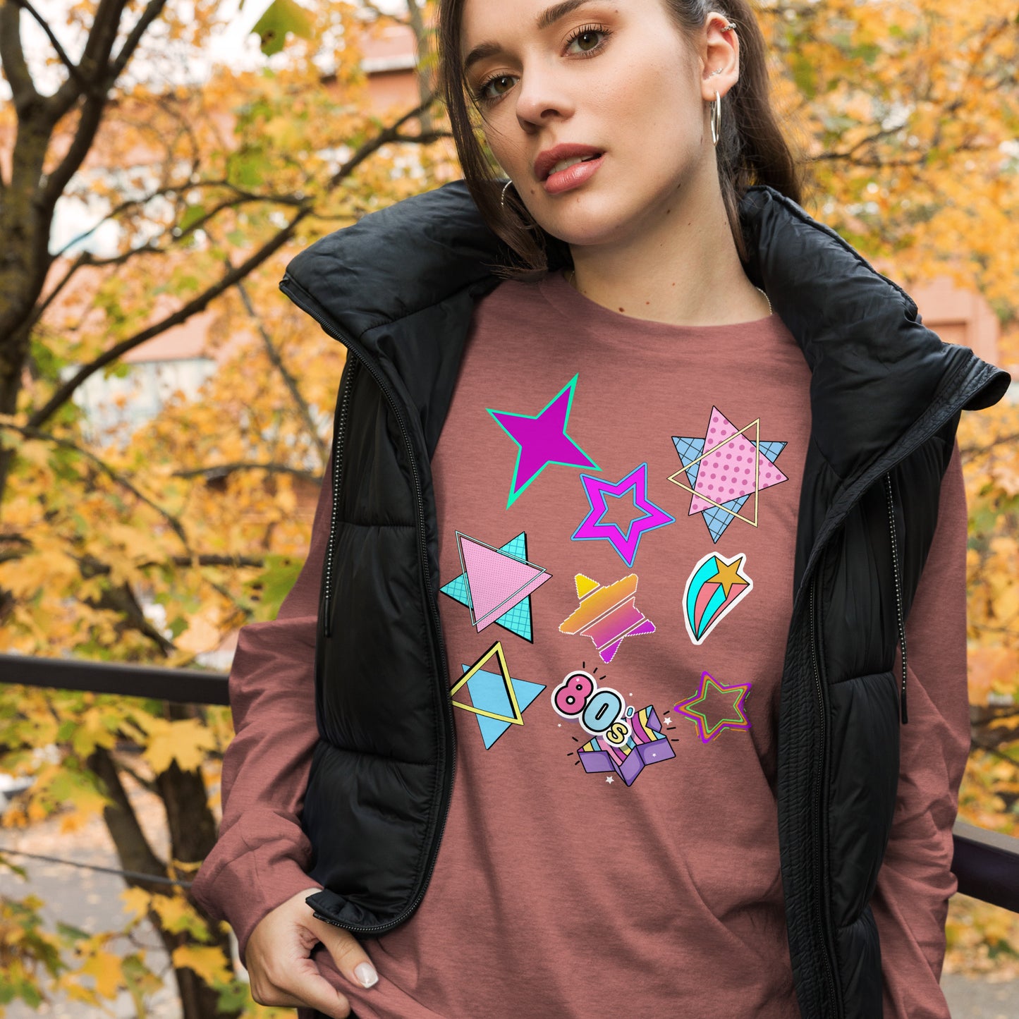 Unisex 80s graphic long sleeve t-shirt with Memphis design – retro pop art style by Hipyfi Clothes & Design. heather-mauve-front-4