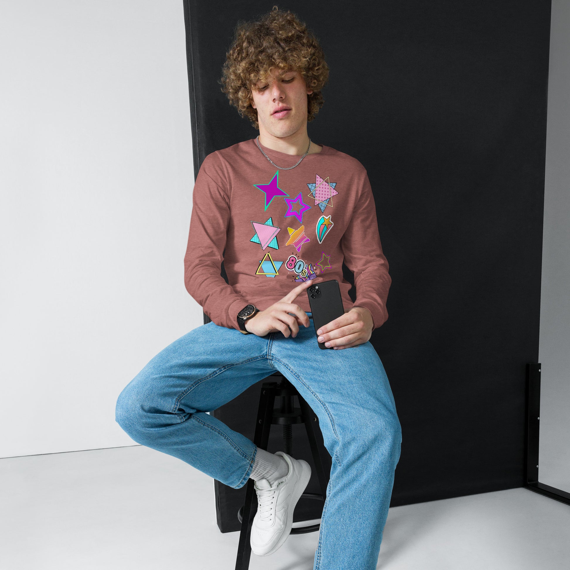 Unisex 80s graphic long sleeve t-shirt with Memphis design – retro pop art style by Hipyfi Clothes & Design. heather-mauve-front
