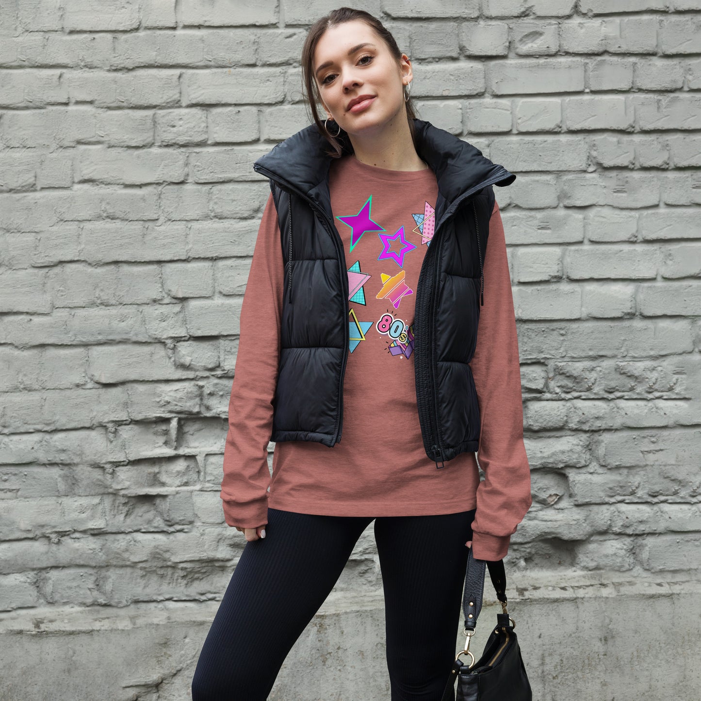 Unisex 80s graphic long sleeve t-shirt with Memphis design – retro pop art style by Hipyfi Clothes & Design. heather-mauve-front-3
