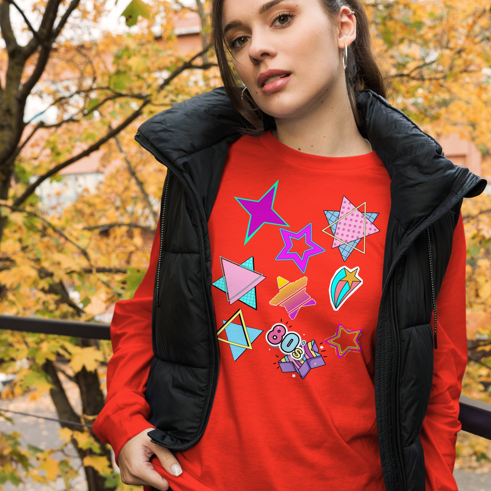Unisex 80s graphic long sleeve t-shirt with Memphis design – retro pop art style by Hipyfi Clothes & Design. poppy-front-4