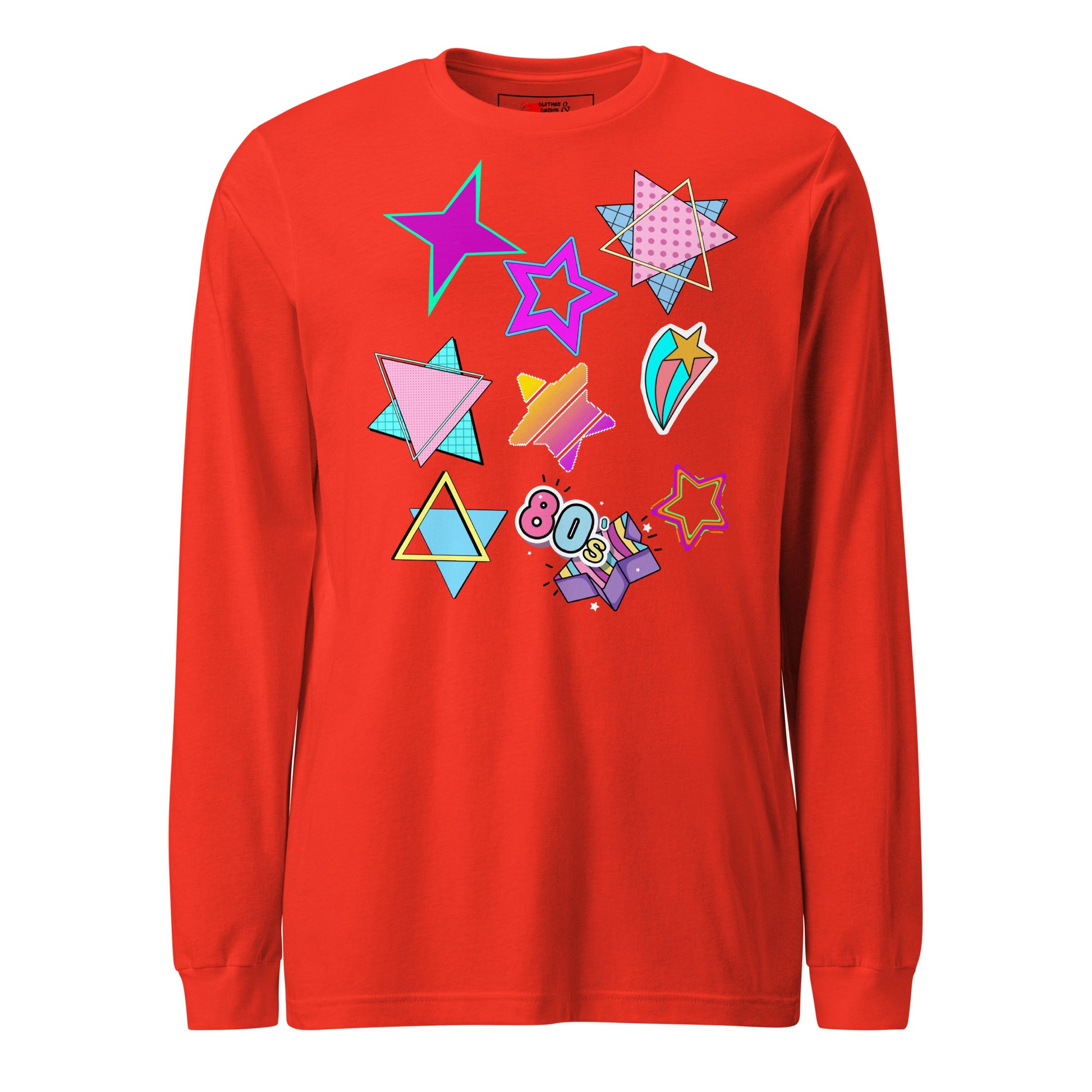 Unisex 80s graphic long sleeve t-shirt with Memphis design – retro pop art style by Hipyfi Clothes & Design. poppy-front-5