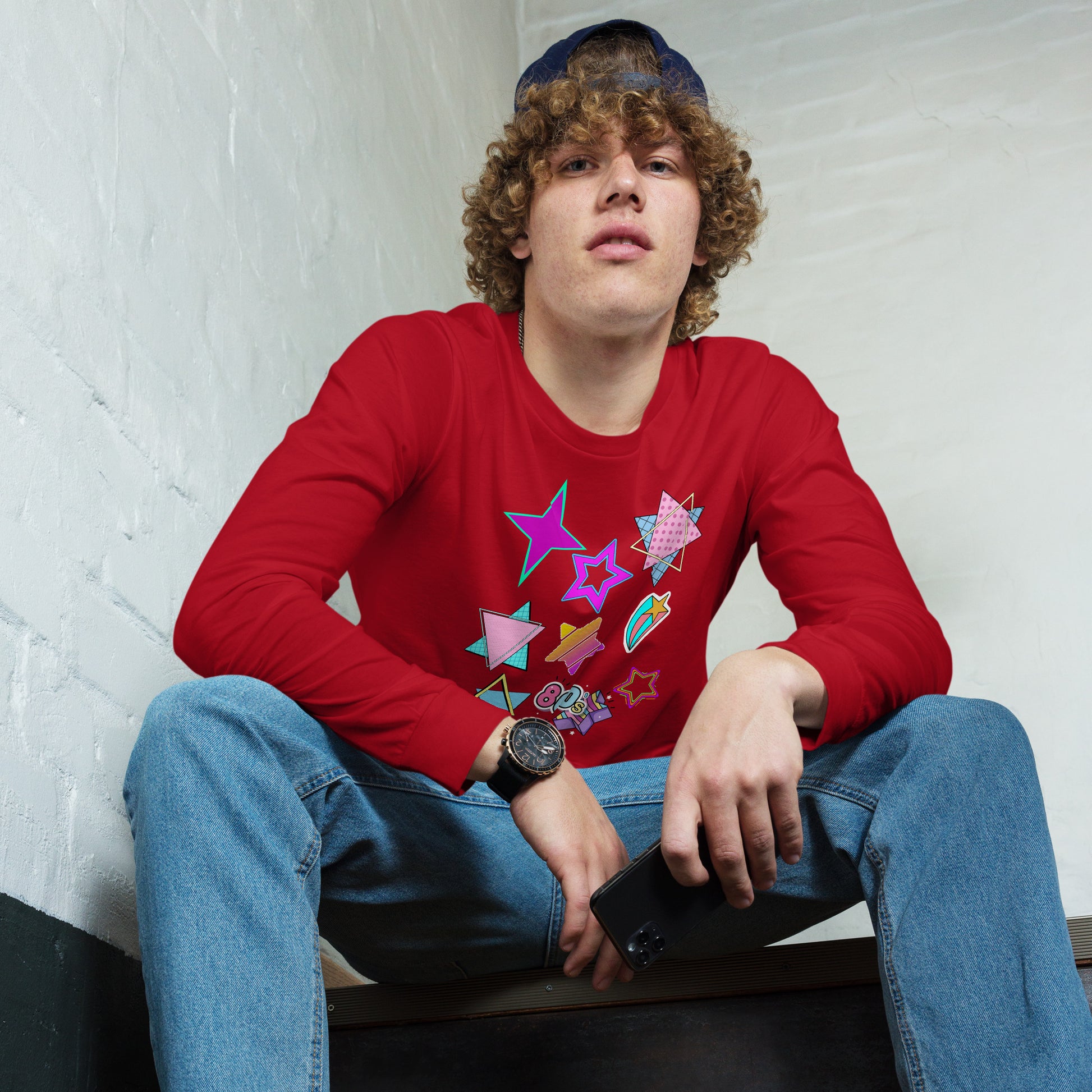 Unisex 80s graphic long sleeve t-shirt with Memphis design – retro pop art style by Hipyfi Clothes & Design. red-front-2